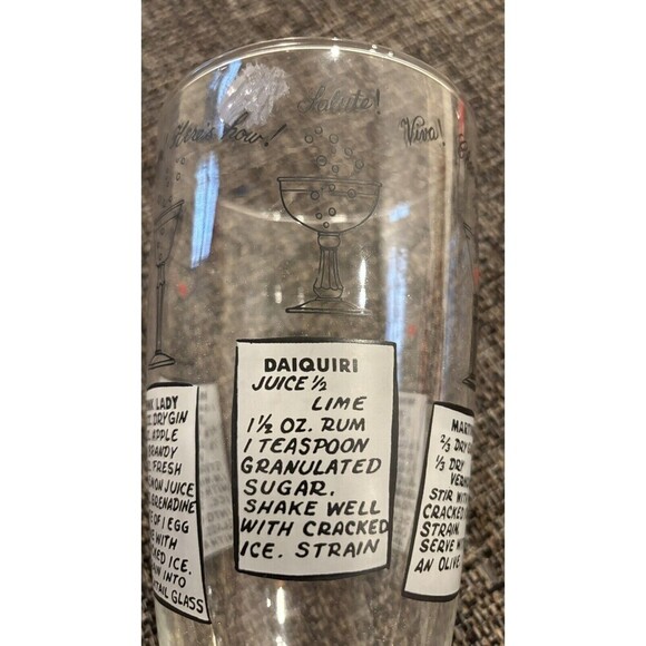 Retro Vintage-Feel Bar Cocktail Mixing Glass w/6 Recipes 7” Tall W/bottle Tops - Picture 7 of 9